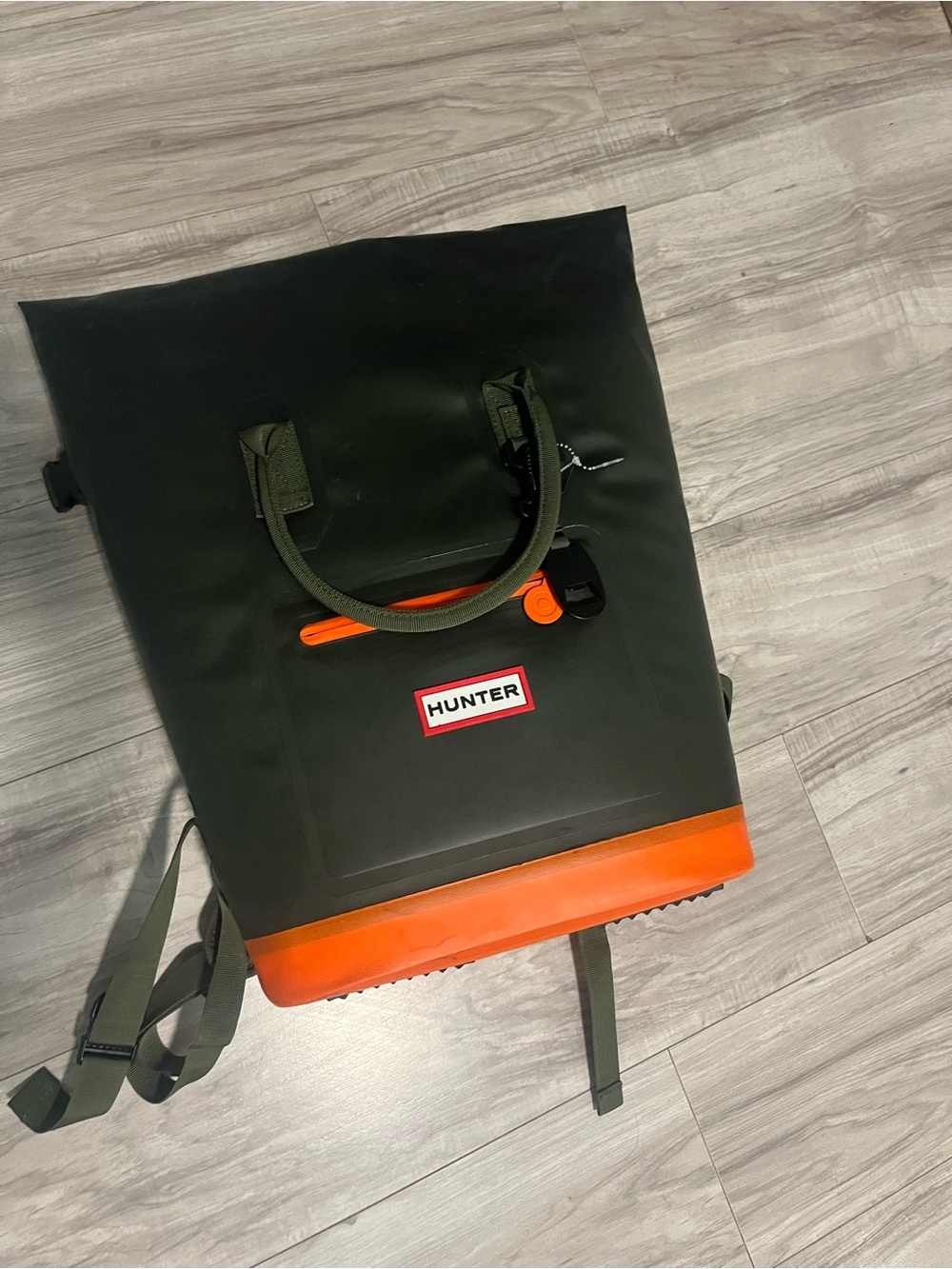 Hunter Olive Green Cooler Backpack with Orange Base and Trim